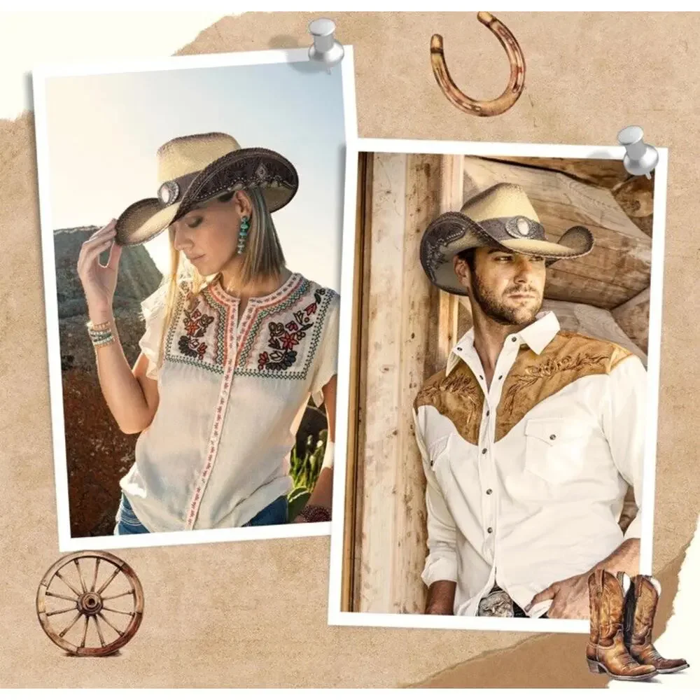 Cowboy Hats for Women and Men Straw Western Hat Embroidered Medium-Large Tan